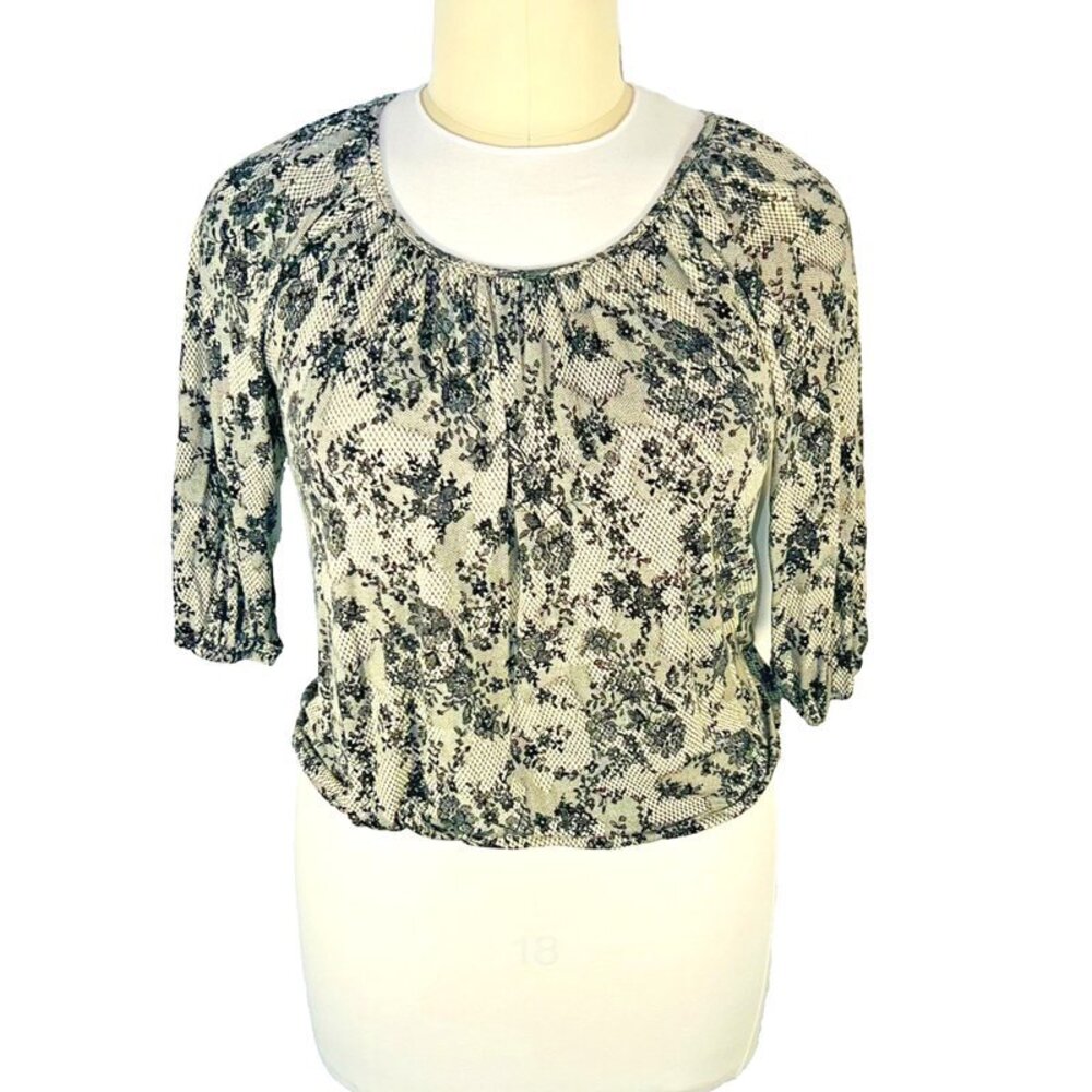 Michael Kors - Blouse Women's XL Cream Black Lace Print Peasant Top 3/4 Sleeve